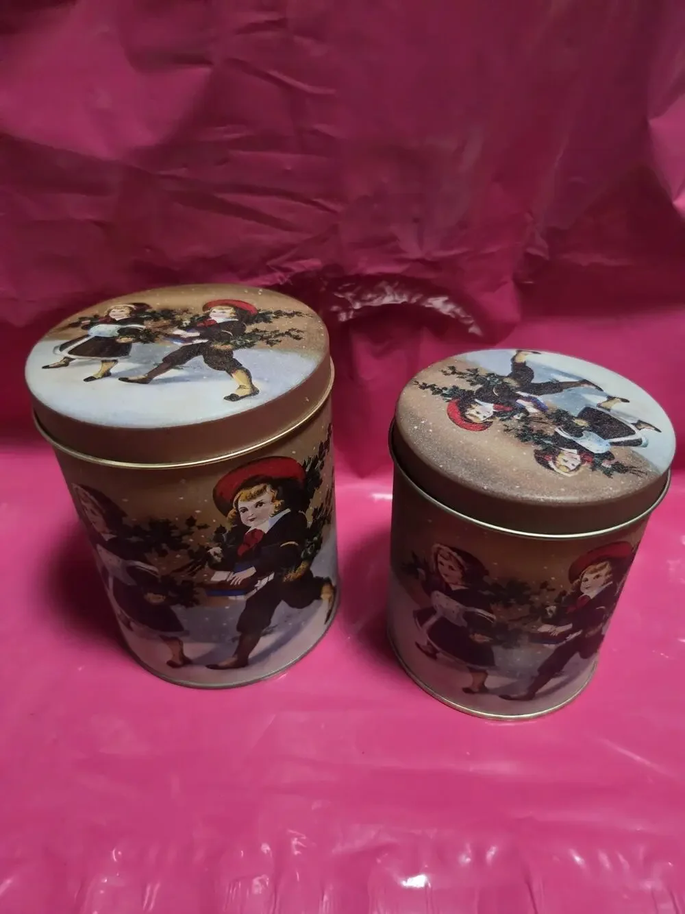 Vtg Set Of 2 Victorian Themed Nesting Tin Containers 5